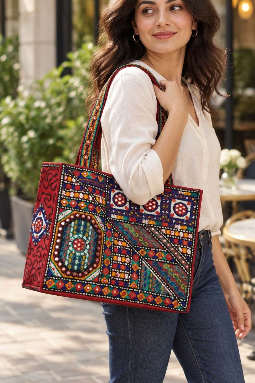 Red Multicolor Embroidered Mirror Work Tote Bag Boho Shoulder Bag Zip Top